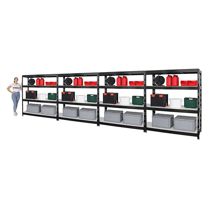 Mega Deal | 4x Profi Schwerlastregal Rhino | HxBxT 180x160x60cm | 4 Melamin-Ebenen 16mm | Fachlast 500kg | Schwarz - 