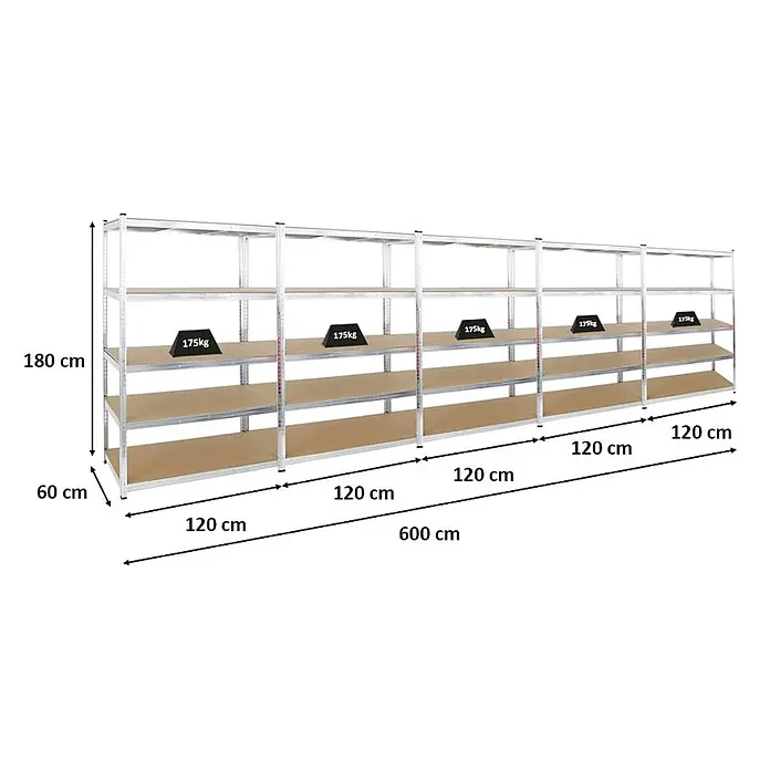 Set Deal 5x Schwerlastregal Ragnar 180x120x60cm 5 MDF-Böden 175kg Verzinkt -  - Modulares robustes Metallregal mit fünf Sektionen, braunen Böden, Maße: 180x60x600 cm, 175 kg pro Boden.