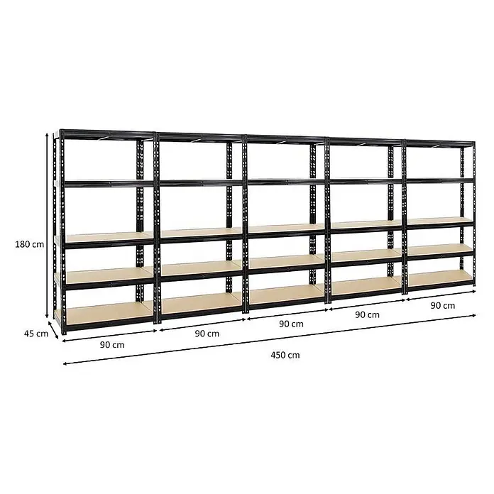 Mega Deal | 5x Schwerlastregal Tiger | HxBxT 180x90x45 cm |  Fachlast 265kg | Schwarz - 