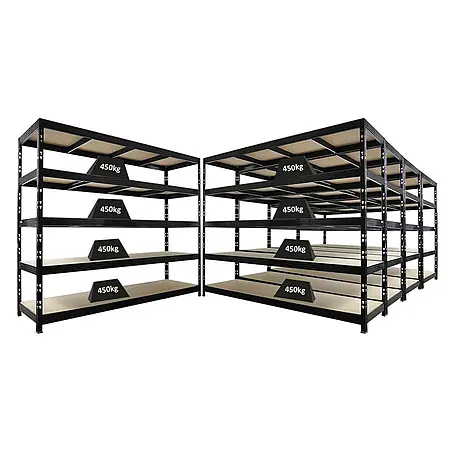 Mega Deal | 5x Profi Schwerlastregal Rhino | HxBxT 200x240x70cm | 5 Spanplatten-Ebenen 8mm | Fachlast 450kg | Schwarz