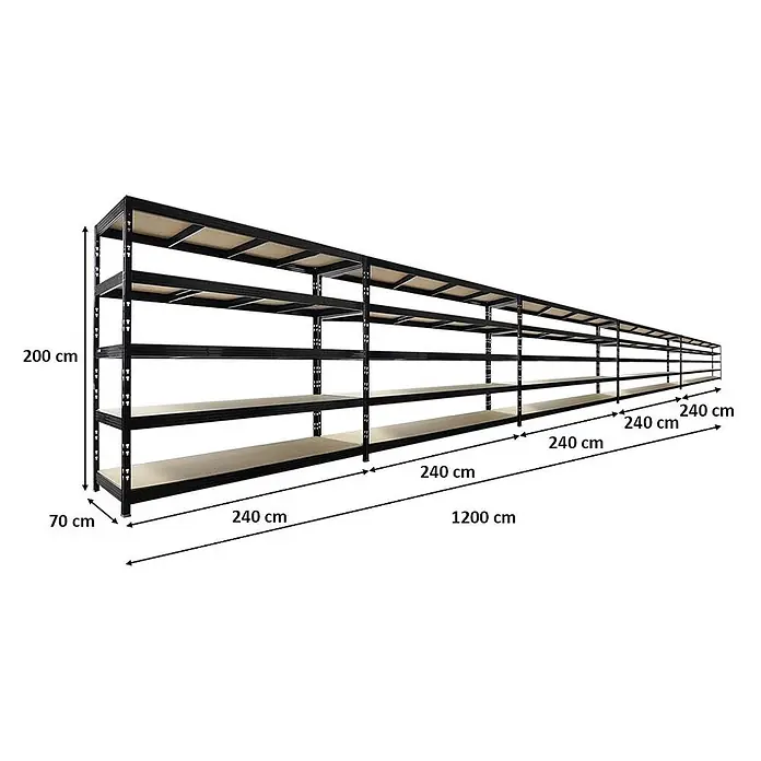 Mega Deal | 5x Profi Schwerlastregal Rhino | HxBxT 200x240x70cm | 5 Spanplatten-Ebenen 8mm | Fachlast 450kg | Schwarz - 