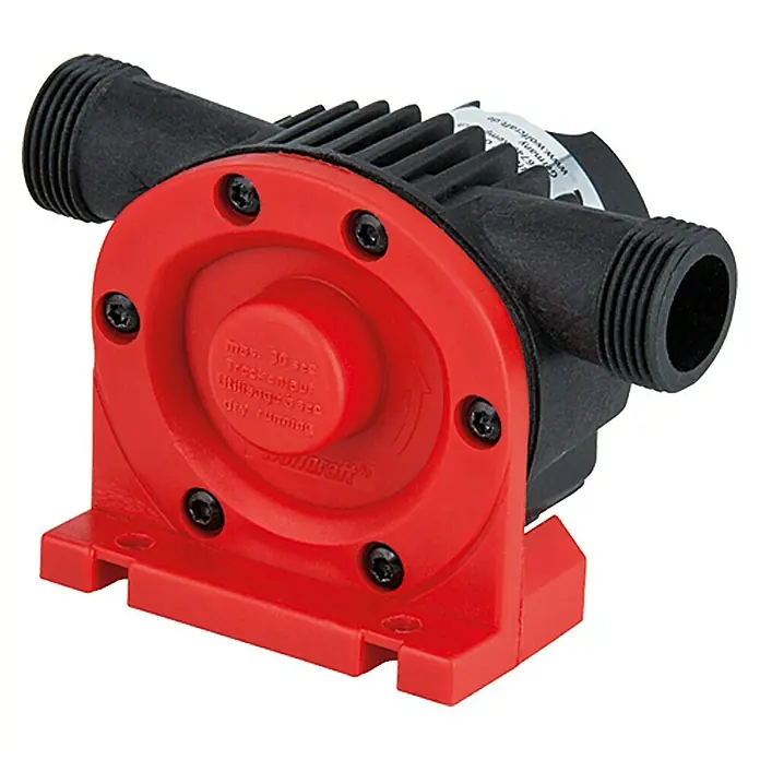 Wolfcraft Pumpe - 3.000 l/h, Förderhöhe: 19 m - 24 m, Kunststoff - Eine rote und schwarze Wasserpumpe von Wolfcraft. Die Pumpe ist für den Einsatz mit Wasserleitungen und Schläuchen konzipiert.