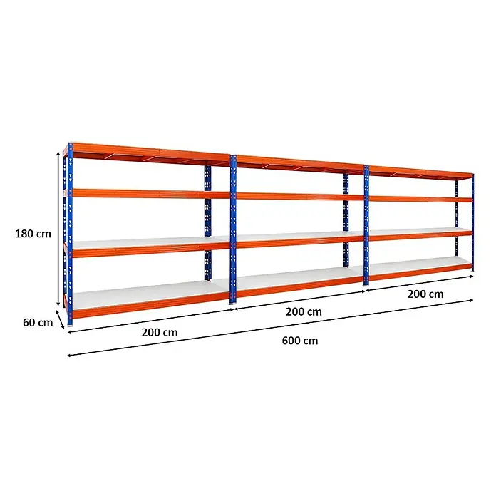 MegaDeal 3xProfi Schwerlastregal Rhino 180x200x60 4 Böden 500kg Blau-Orange -  - Großer orange-blauer Metall-Lagerregal mit vier weißen Böden, 600 cm lang, 180 cm hoch, 60 cm tief.