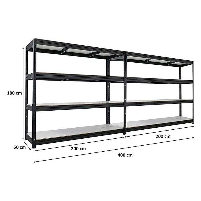 Mega Deal | 2x Schwerlastregal DINO | HxBxT 180x200x60cm | 4 Melamin-Ebenen 16mm | Fachlast 500kg | Schwarz - 