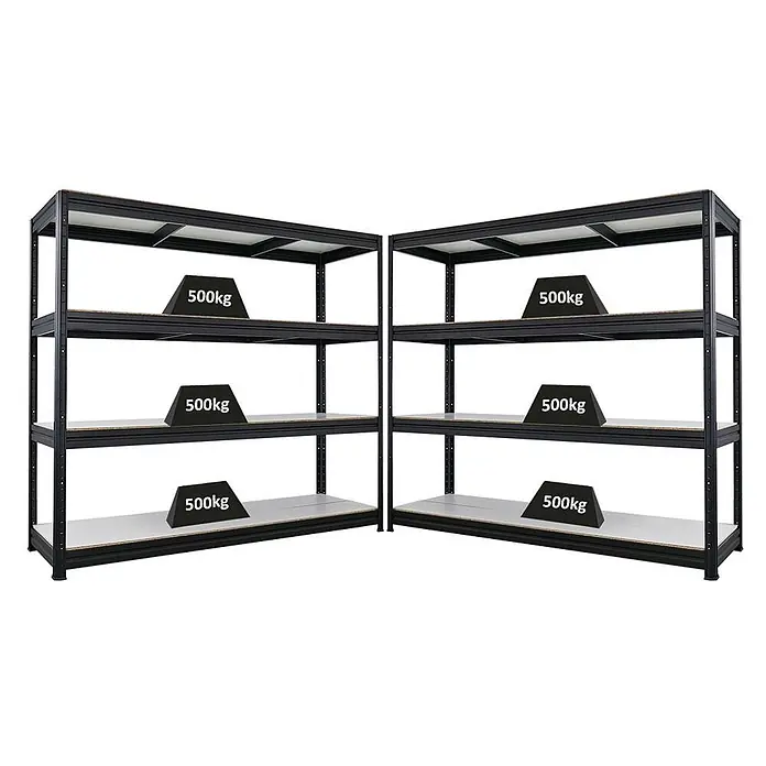Mega Deal | 2x Schwerlastregal DINO | HxBxT 180x200x60cm | 4 Melamin-Ebenen 16mm | Fachlast 500kg | Schwarz - 