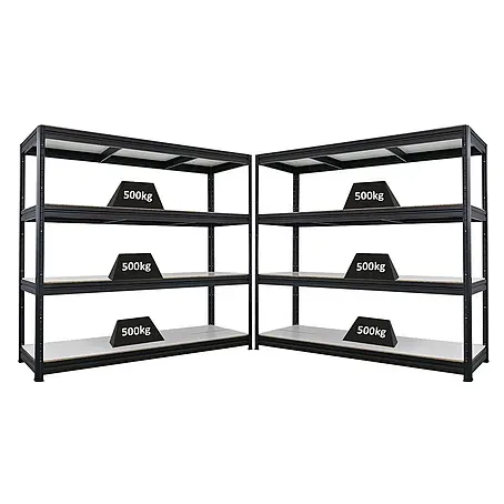 Mega Deal | 2x Schwerlastregal DINO | HxBxT 180x200x60cm | 4 Melamin-Ebenen 16mm | Fachlast 500kg | Schwarz