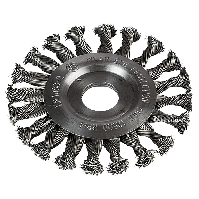 Craftomat Scheiben-Drahtbürste - Passend für: Winkelschleifer, Gezopft, Durchmesser Bohrung: 22,23 mm - Drahtbürstenrad mit gewundenen Drahtborsten. Ideal zum Reinigen und Entrosten von Oberflächen. Schützt die Augen!