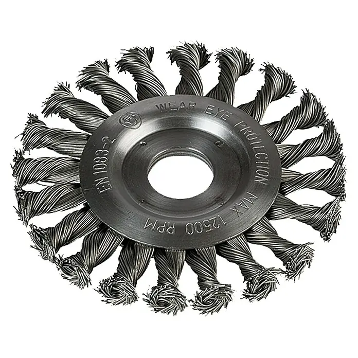Craftomat Scheiben-Drahtbürste - Passend für: Winkelschleifer, Gezopft, Durchmesser Bohrung: 22,23 mm - Drahtbürstenrad mit gewundenen Drahtborsten. Ideal zum Reinigen und Entrosten von Oberflächen. Schützt die Augen!