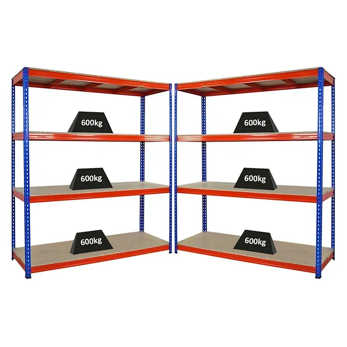 Mega Deal | 2x Profi Schwerlastregal BISON | HxBxT 200x180x60cm | 4 Fachböden | Fachlast 600kg | Blau-Orange -  - Zwei rote und blaue Schwerlast-Metallregale mit Holzplatten, jedes Fach kann 600kg tragen.