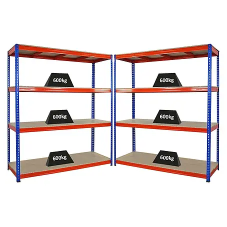 Mega Deal | 2x Profi Schwerlastregal BISON | HxBxT 200x180x60cm | 4 Fachböden | Fachlast 600kg | Blau-Orange