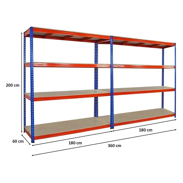 Mega Deal | 2x Profi Schwerlastregal BISON | HxBxT 200x180x60cm | 4 Fachböden | Fachlast 600kg | Blau-Orange -  - Blau-rotes Industrieregal mit 4 Holzablagen, 200x360x60 cm.