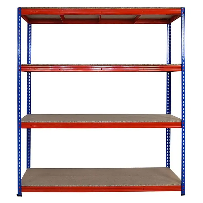 Mega Deal | 3x Profi Schwerlastregal BISON | HxBxT 200x180x60cm | 4 Fachböden | Fachlast 600kg | Blau-Orange -  - Vierstöckiges Schwerlastregal mit blauen Stützen, roten Trägern und Holzplatten für industrielle Lagerung.