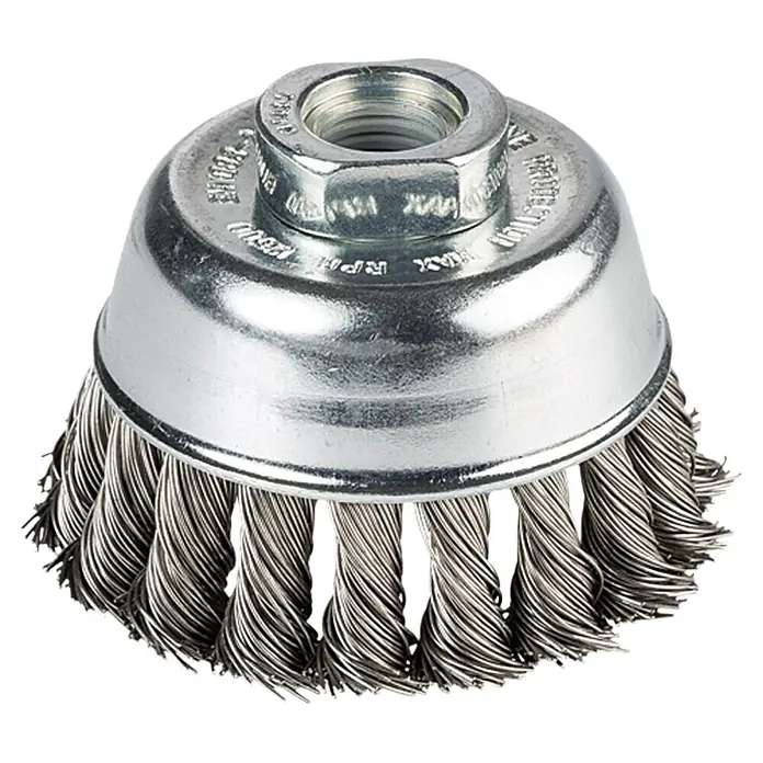 Craftomat Topf-Drahtbürste - Passend für: Winkelschleifer, Edelstahl, Gezopft - Drahtbürstenaufsatz mit geflochtenen Drähten. Das Werkzeug ist ideal zum Entrosten, Entgraten oder Reinigen von Metalloberflächen.