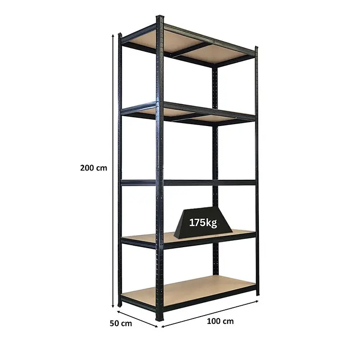 Schwerlastregal Giant Ragnar | HxBxT 200x100x50cm | 5 MDF-Platten-Ebenen | Fachlast 175kg | Schwarz -  - Schwarzes Metallregal mit 5 Holzablagen, 200x100x50 cm, 175 kg Traglast pro Boden.
