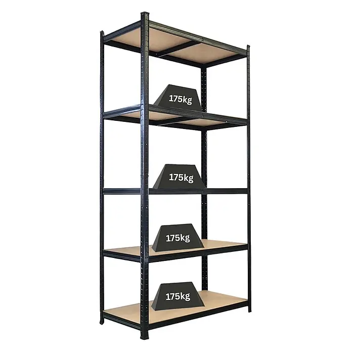 Schwerlastregal Giant Ragnar | HxBxT 200x100x50cm | 5 MDF-Platten-Ebenen | Fachlast 175kg | Schwarz -  - Schwarzes Metallregal mit fünf Holzbrettern, wovon vier jeweils 175kg Gewicht tragen und die hohe Tragfähigkeit demonstrieren.