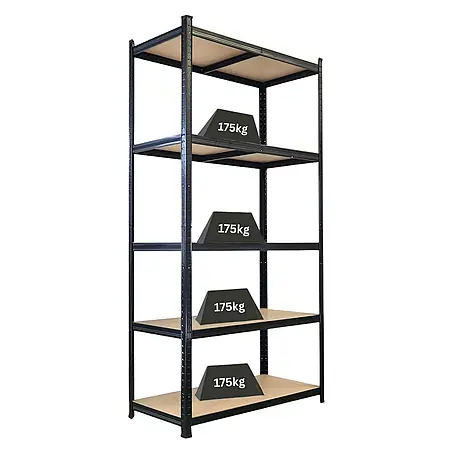 Schwerlastregal Giant Ragnar | HxBxT 200x100x50cm | 5 MDF-Platten-Ebenen | Fachlast 175kg | Schwarz