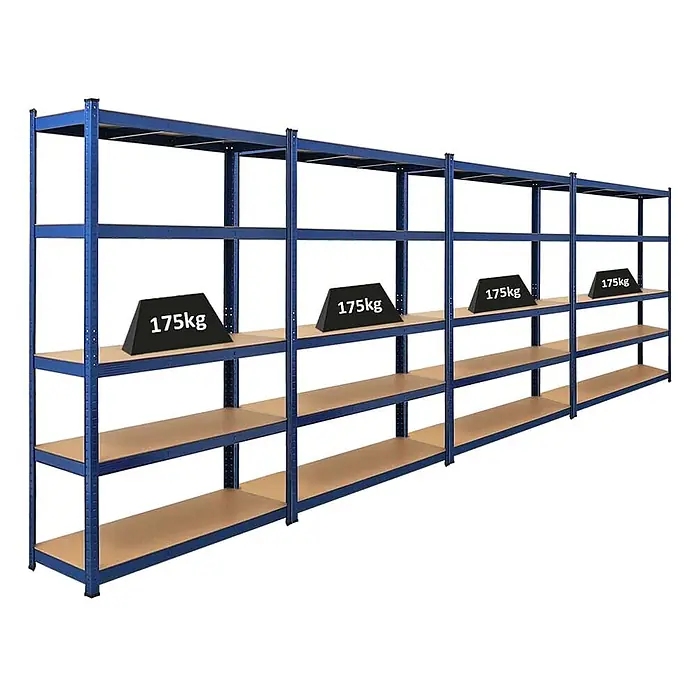Mega Deal | 4x Schwerlastregal Ragnar | HxBxT 180x120x40cm | 5 MDF-Platten-Ebenen | Fachlast 175kg | Blau -  - Blaues Metallregal mit Holzablagen, zeigt 175 kg Tragkraft pro Boden.