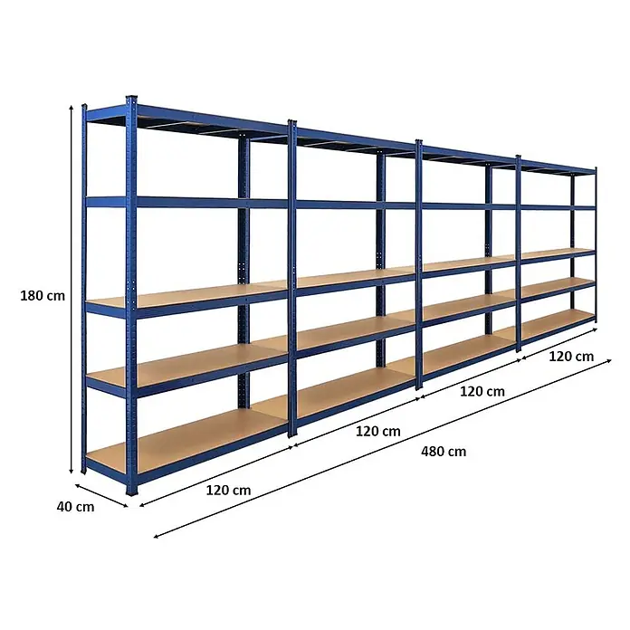 Set Deal 4x Schwerlastregal Ragnar 180x120x40cm 5 MDF-Ebenen 175kg Blau -  - Blaues Metallregal mit Holzböden, 180cm hoch, 480cm lang, 40cm tief.