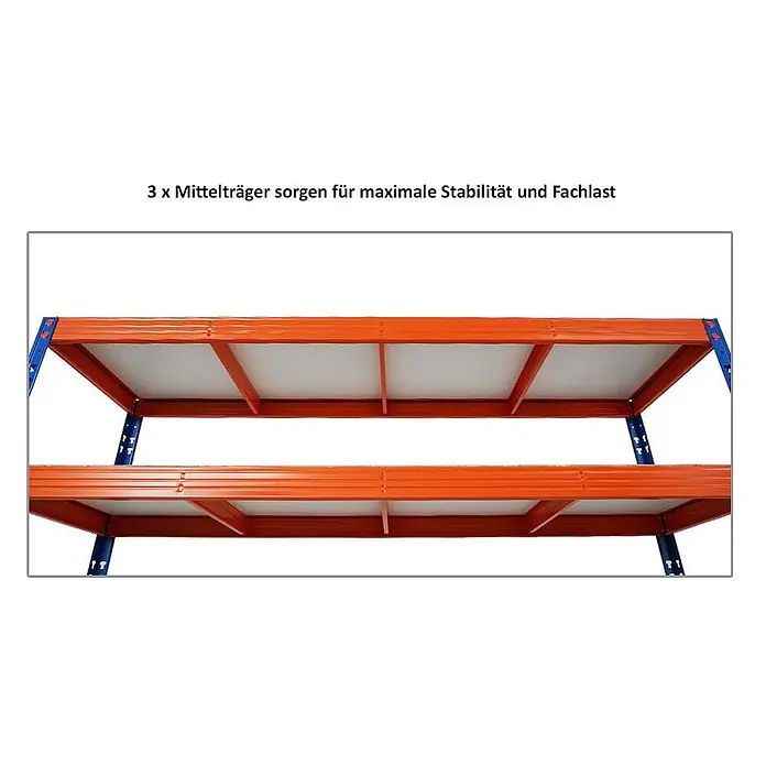 MegaDeal 4xProfi Schwerlastregal Rhino 200x200x60 4 Böden 500kg Blau-Orange -  - Orangefarbenes Metallregal mit blauen Ständern, zeigt starke Unterbodenstützen für Stabilität und hohe Traglast.