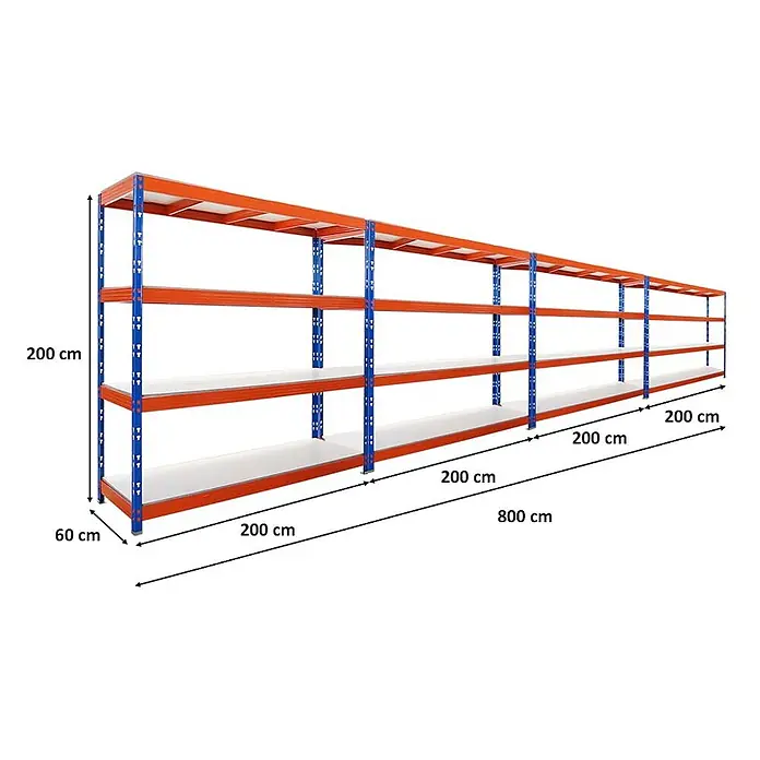 MegaDeal 4xProfi Schwerlastregal Rhino 200x200x60 4 Böden 500kg Blau-Orange -  - Langes Schwerlastregal mit blauen Ständern, orangefarbenen Trägern und weißen Ablagen, 200 cm hoch, 60 cm tief, 800 cm lang.