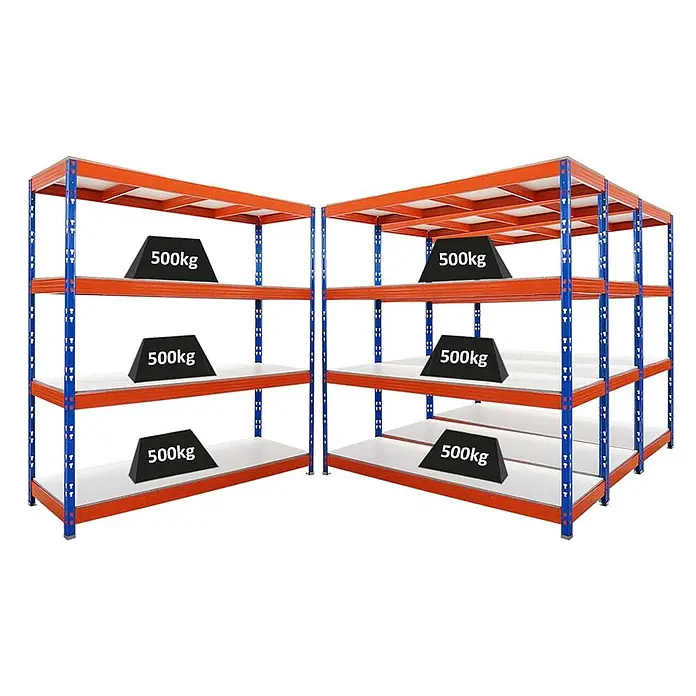 MegaDeal 4xProfi Schwerlastregal Rhino 200x200x60 4 Böden 500kg Blau-Orange -  - Robuste blaue und orange Metallregale mit weißen Ablagen, jedes demonstriert, 500 kg Gewichte zu halten.