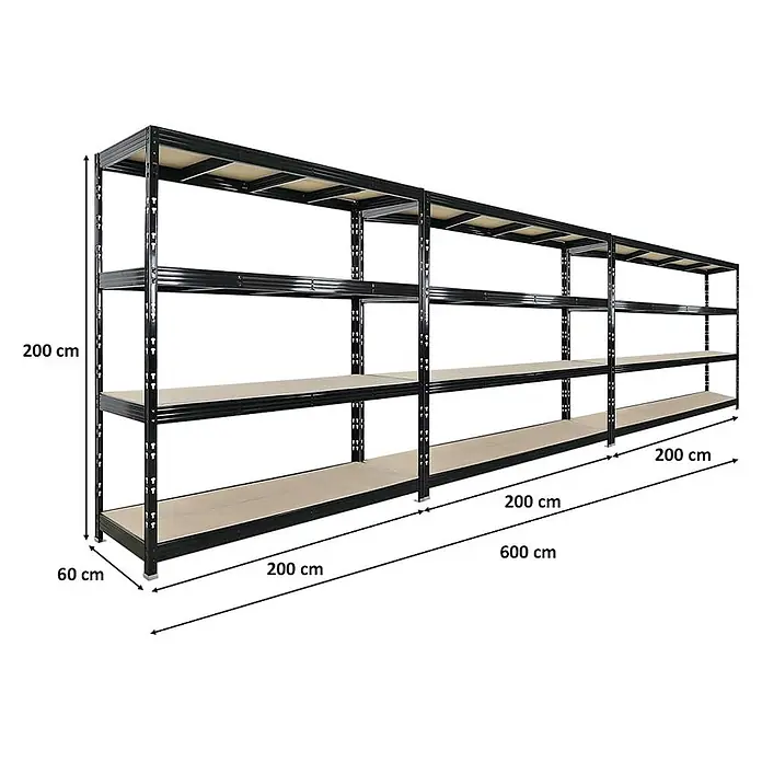 Mega Deal | 3x Profi Schwerlastregal Rhino | HxBxT 200x200x60cm | 4 Spanplatten-Ebenen 8mm | Fachlast 500kg | Schwarz -  - Dreiteiliges schwarzes Metallregal mit Holzablagen. Robust und modular für vielseitige Lagerung.