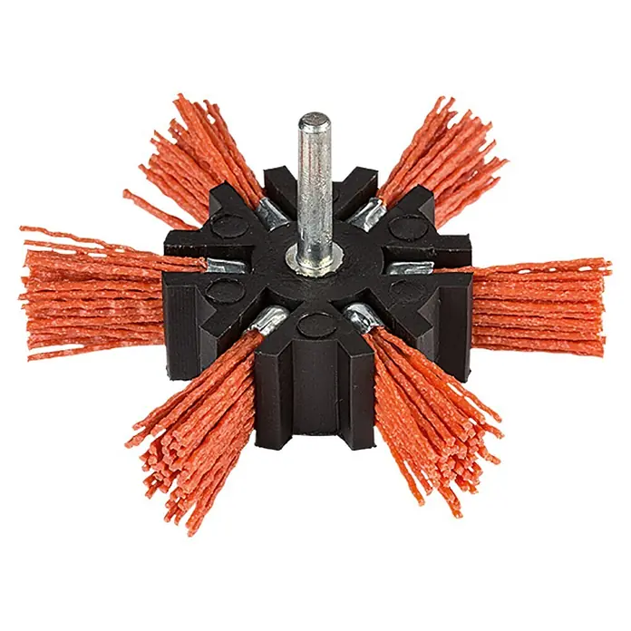 Craftomat Nylon-Fächerbürste - Passend für: Bohrfutter, Durchmesser: 100 mm, Durchmesser Schaft: 6 mm - Schleifbürste mit schwarzem Kunststoffkörper und orangefarbenen Schleifborsten für Bohrmaschinen oder Akkuschrauber.