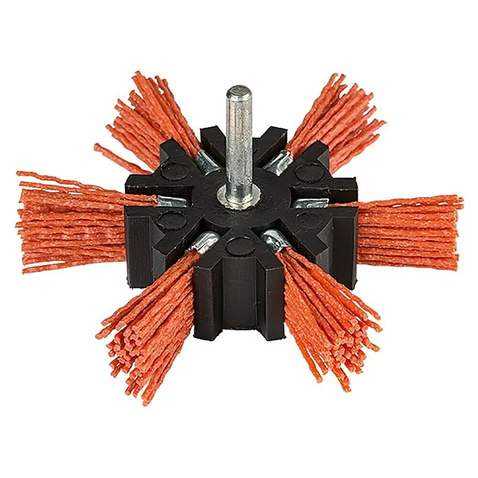 Craftomat Nylon-Fächerbürste - Passend für: Bohrfutter, Durchmesser: 100 mm, Durchmesser Schaft: 6 mm - Schleifbürste mit schwarzem Kunststoffkörper und orangefarbenen Schleifborsten für Bohrmaschinen oder Akkuschrauber.