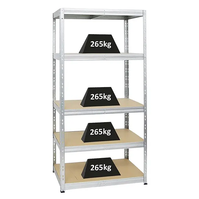 Proregal Schwerlastregal Tiger - H x B x T: 180 x 90 x 60 cm, Traglast pro Boden: 265 kg, Anzahl Böden: 5 Stk., Stecken, Verzinkt - Verzinktes Metallregal mit vier Fachböden, jeder mit einer Tragfähigkeit von 265kg, zeigt hohe Belastbarkeit.