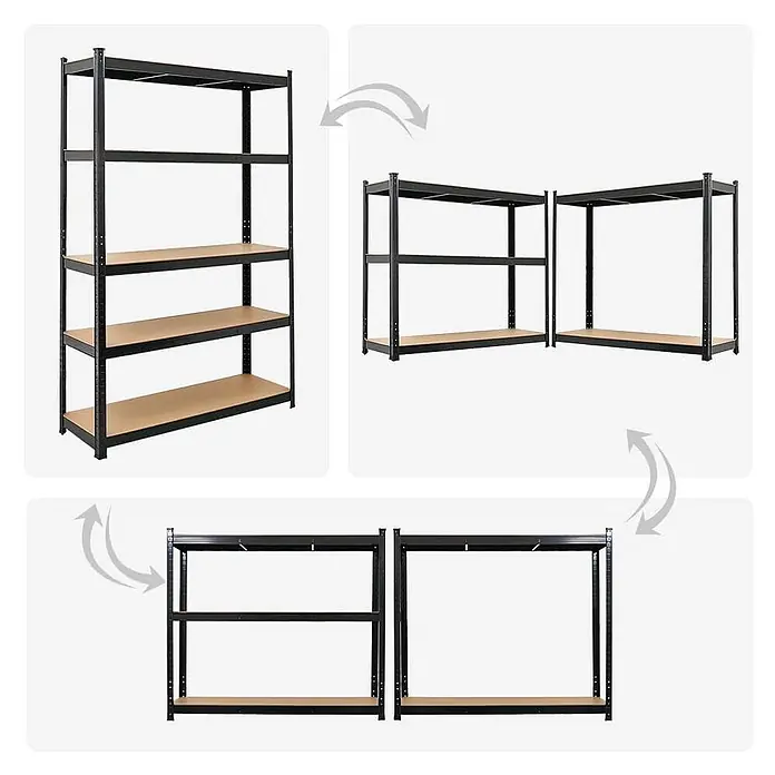 Set Deal 3x Schwerlastregal Ragnar 180x120x40cm 5 MDF-Ebenen 175kg Schwarz -  - Schwarzes Metallregal mit fünf Holzablagen, das sich in zwei separate, kürzere Einheiten umbauen lässt.