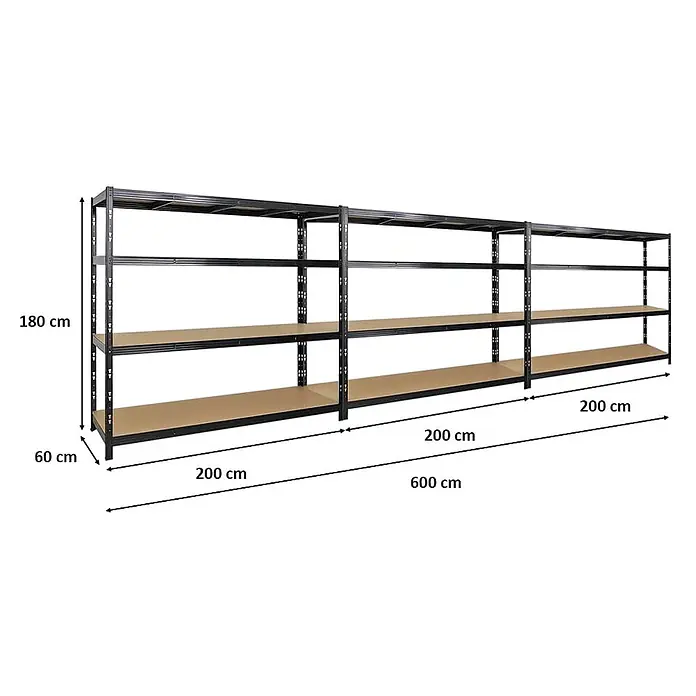 Mega Deal | 3x Profi Schwerlastregal GOLIATH | HxBxT 180x200x60cm | Fachlast 350kg | Schwarz -  - Schwarzes Metallregal mit braunen Ablagen. Gesamt 600cm L x 180cm H x 60cm T. Mehrteilig für Schwerlastlagerung.