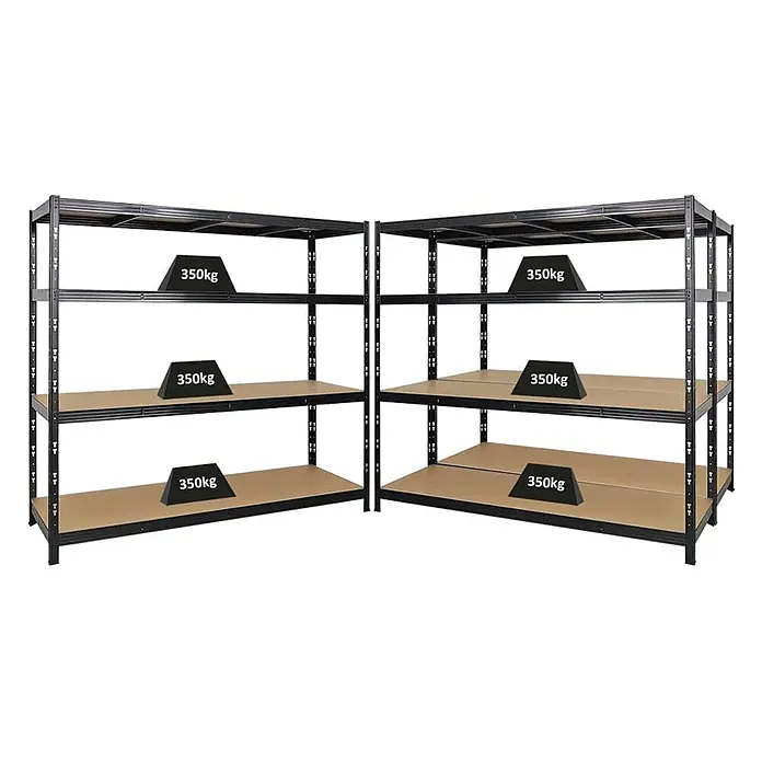 Mega Deal | 3x Profi Schwerlastregal GOLIATH | HxBxT 180x200x60cm | Fachlast 350kg | Schwarz -  - Zwei schwarze Schwerlast-Metallregale mit braunen Böden, jeder Boden für 350 kg ausgelegt.