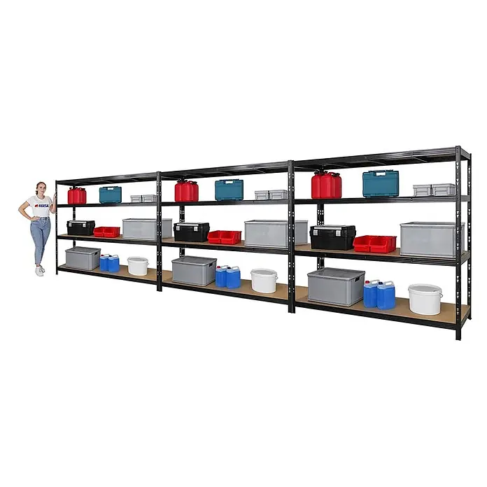 Mega Deal | 3x Profi Schwerlastregal GOLIATH | HxBxT 180x200x60cm | Fachlast 350kg | Schwarz -  - Lange schwarze Metallregaleinheit mit mehreren Regalböden, gefüllt mit Lagerbehältern. Eine Frau steht daneben zur Größenangabe.