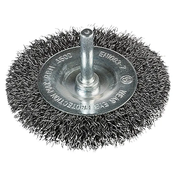 Craftomat Scheiben-Drahtbürste - Passend für: Bohrfutter, Durchmesser: 75 mm, Durchmesser Schaft: 6 mm - Drahtbürstenaufsatz für Bohrmaschinen mit Schaft und Warnhinweisen.