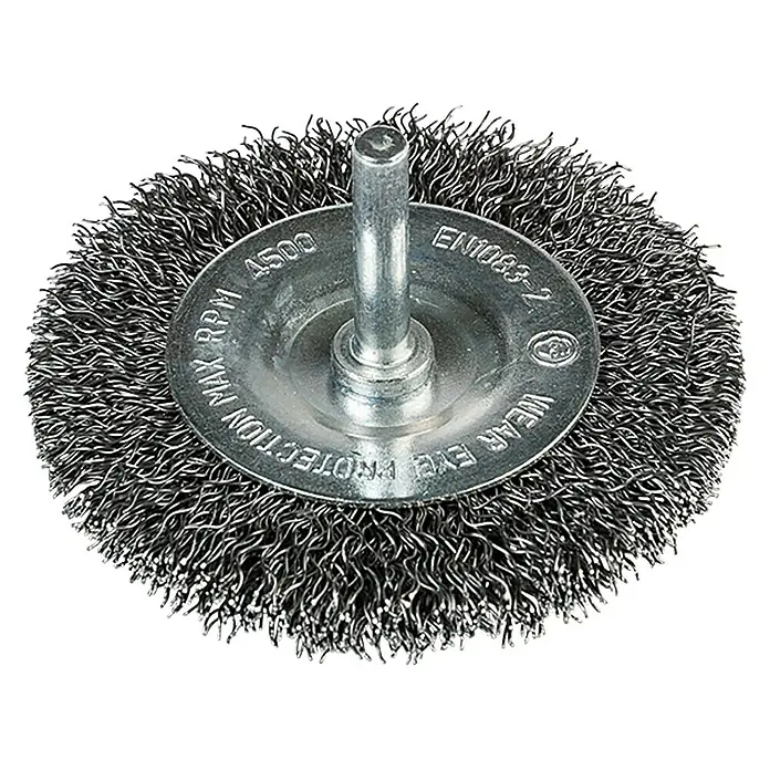 Craftomat Scheiben-Drahtbürste - Passend für: Bohrfutter, Durchmesser: 75 mm, Durchmesser Schaft: 6 mm - Drahtbürstenaufsatz für Bohrmaschinen mit Schaft und Warnhinweisen.