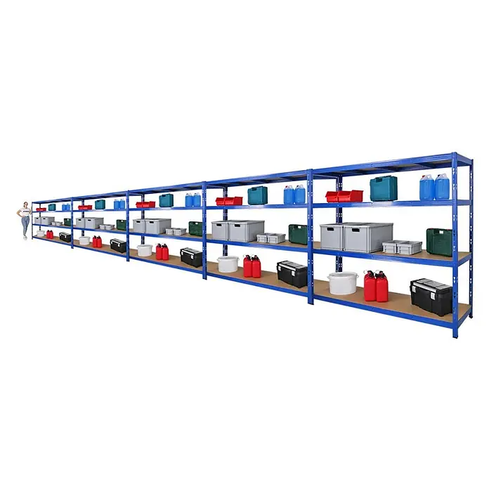 Mega Deal | 5x Profi Schwerlastregal GOLIATH | HxBxT 180x200x60cm | Fachlast 350kg | Blau -  - Langes blaues Metallregal mit verschiedenen Aufbewahrungsbehältern und einer Person zum Größenvergleich.
