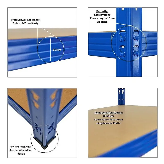 Mega Deal | 5x Profi Schwerlastregal GOLIATH | HxBxT 180x200x60cm | Fachlast 350kg | Blau -  - Blaues Schwerlast-Metallregal mit verstellbaren Holzablagen, schützenden Kunststofffüßen und sicheren, bündigen Kanten.