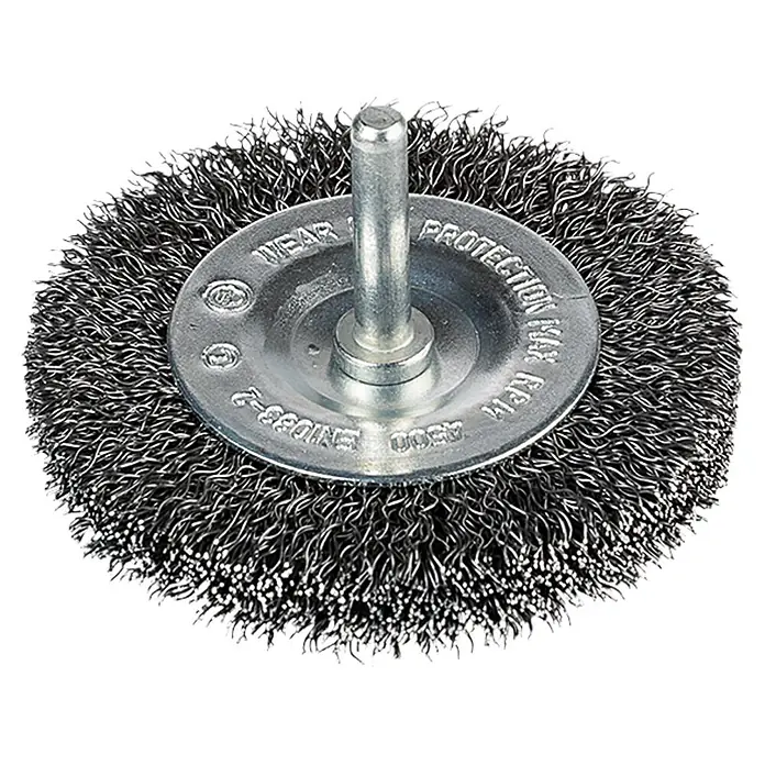 Craftomat Scheiben-Drahtbürste - Passend für: Bohrfutter, Durchmesser: 75 mm, Breite: 20 mm - Drahtbürstenaufsatz für Bohrmaschine. Ideal zum Entrosten und Reinigen von Metalloberflächen, mit robustem Schaft und Drahtborsten für effektive Ergebnisse.