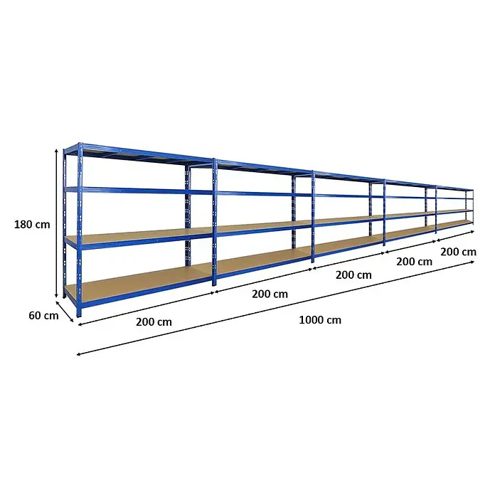 Mega Deal | 5x Profi Schwerlastregal GOLIATH | HxBxT 180x200x60cm | Fachlast 350kg | Blau -  - Langes blaues Metallregal mit hellbraunen Holzablagen, 180 cm hoch, 60 cm tief und 1000 cm lang, ideal zur Lagerung.