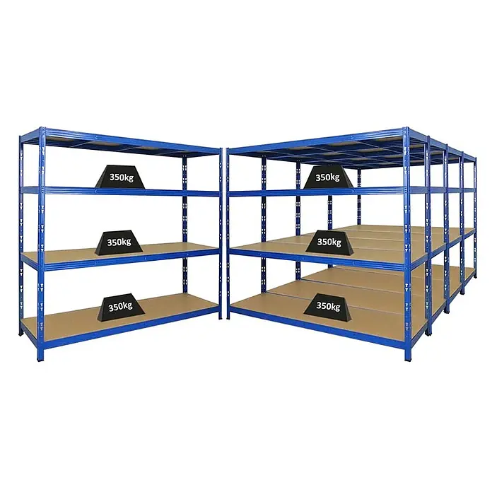 Mega Deal | 5x Profi Schwerlastregal GOLIATH | HxBxT 180x200x60cm | Fachlast 350kg | Blau -  - Zwei blaue Metallregale mit braunen Ablagen, jede Ablage für bis zu 350kg ausgelegt.