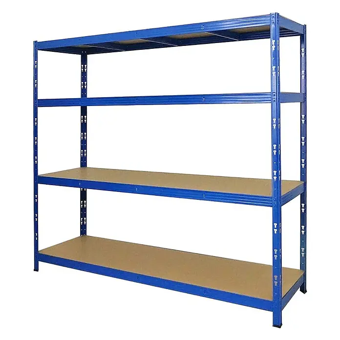Profi Schwerlastregal GOLIATH | HxBxT 180x200x60cm | Fachlast 350kg | 4 Ebenen | Blau -  - Blaues Metallregal mit vier braunen MDF-Böden für schwere Lasten.