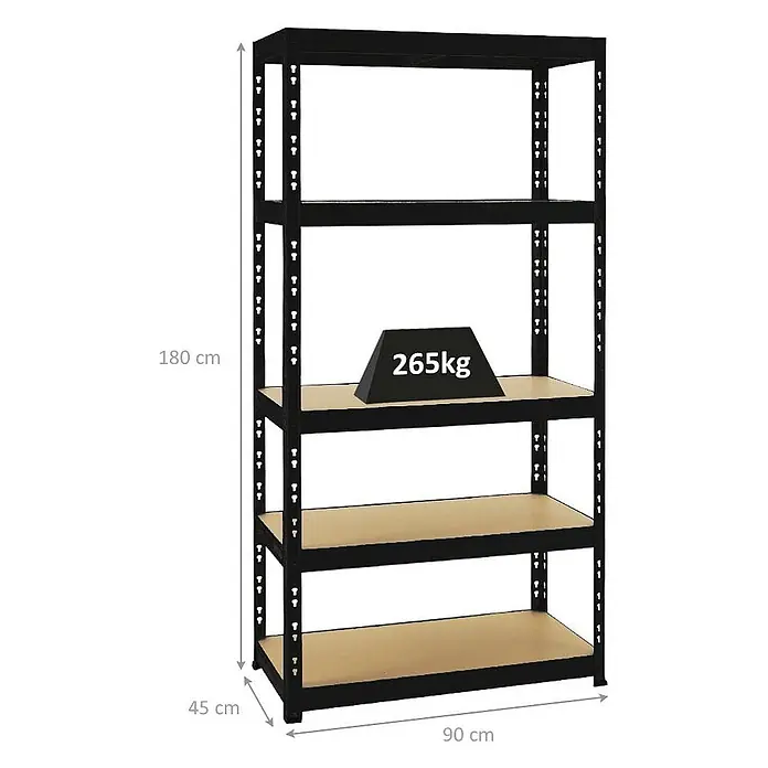 Schwerlastregal Tiger | HxBxT 180x90x45cm |  Fachlast 265kg | Schwarz -  - Schwarzes Metallregal mit 5 hellen Holzablagen, 180x90x45cm. Tragkraft pro Boden 265kg.
