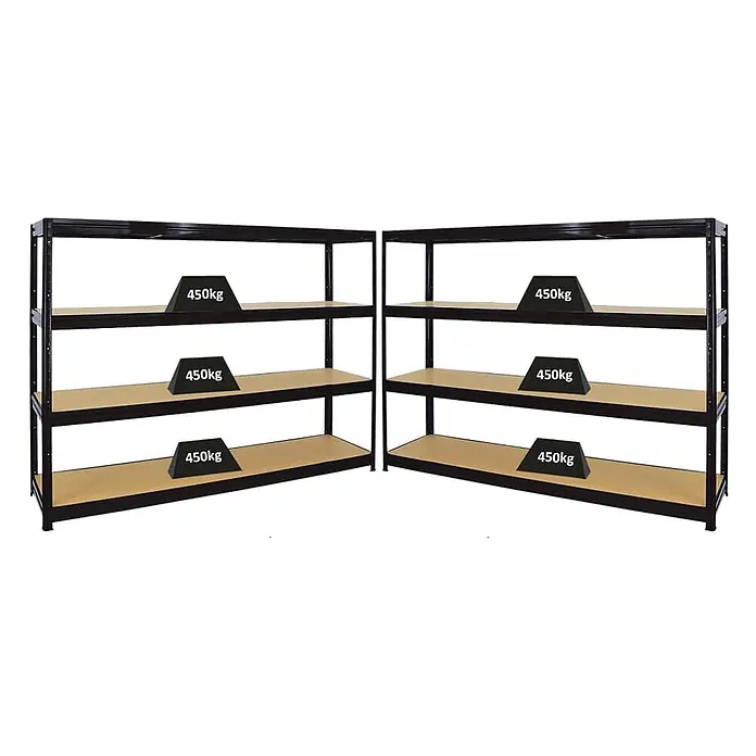 Mega Deal | 2x Schwerlastregal DINO | HxBxT 180x240x60cm | 4 MDF-Platten-Ebenen 6,5 mm | Fachlast 450kg | Schwarz -  - Zwei schwarze Schwerlastregale aus Metall mit hellbraunen Böden, jeder Boden für 450kg ausgelegt.