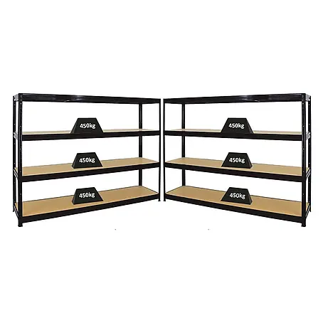 Mega Deal | 2x Schwerlastregal DINO | HxBxT 180x240x60cm | 4 MDF-Platten-Ebenen 6,5 mm | Fachlast 450kg | Schwarz