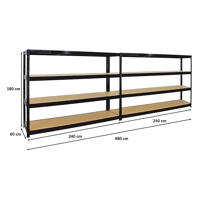 Mega Deal | 2x Schwerlastregal DINO | HxBxT 180x240x60cm | 4 MDF-Platten-Ebenen 6,5 mm | Fachlast 450kg | Schwarz -  - Schwarzes Schwerlastregal aus Metall mit hellbraunen Böden, 180x480x60 cm.