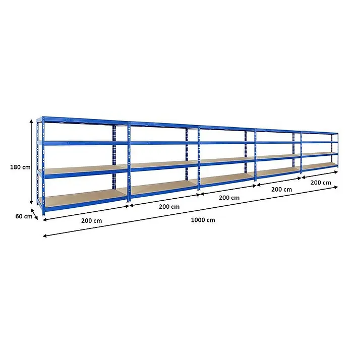 Mega Deal | 5x Profi Schwerlastregal Rhino | HxBxT 180x200x60cm | 4 Spanplatten-Ebenen 16mm | Fachlast 500kg | Blau -  - Langes blaues Metall- und Holzregal, 180x60x1000 cm, für Industrielagerung.