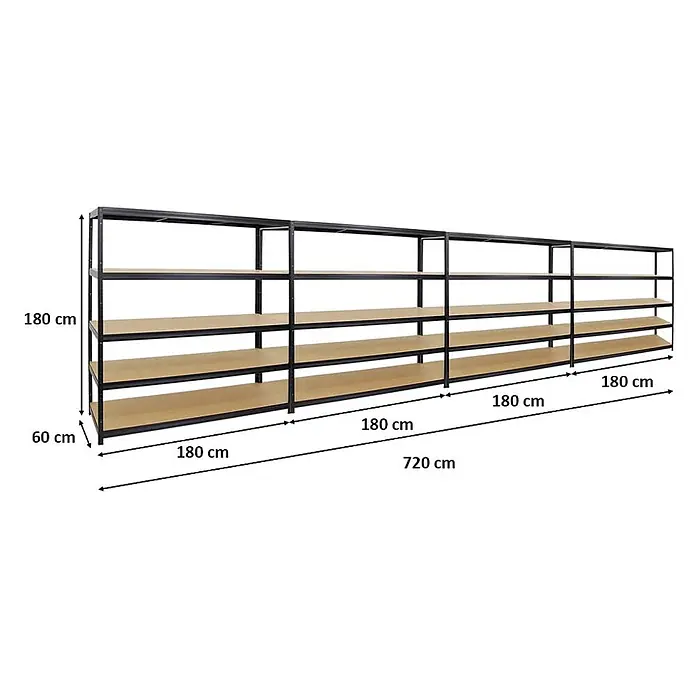 Mega Deal | 4x Schwerlastregal Giant Elephant | HxBxT 180x180x60cm | Fachlast 200kg | Schwarz -  - Vier schwarze Metall- und Holzregale, 180 cm hoch, 720 cm breit, 60 cm tief, zur Lagerung.