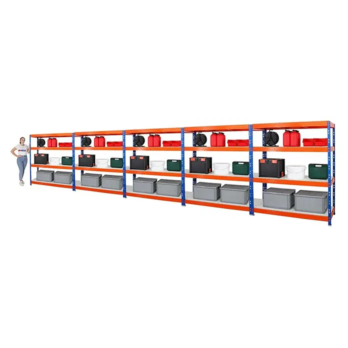 MegaDeal 5xProfi Schwerlastregal Rhino 180x160x60 4 Böden 500kg Blau-Orange -  - Langes orange-blaues Schwerlastregal mit drei Ebenen, gefüllt mit Lagerartikeln, eine Frau zur Größenanzeige.