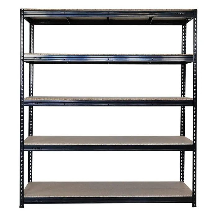 Mega Deal | 2x Profi Schwerlastregal BISON | HxBxT 200x200x60cm | 5 Fachböden | Fachlast 600kg | Schwarz -  - Fünfstöckiges schwarzes Metallregal mit Spanplattenböden für Schwerlastlagerung.