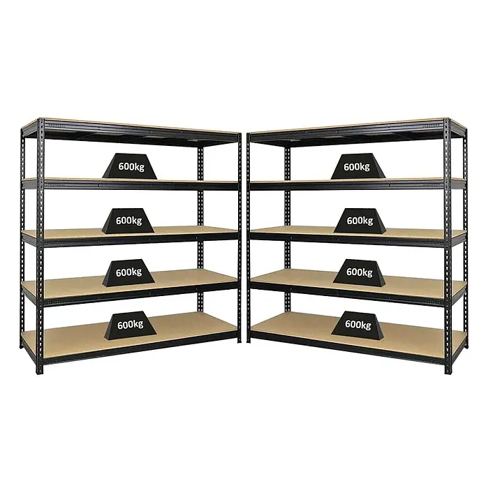Mega Deal | 2x Profi Schwerlastregal BISON | HxBxT 200x200x60cm | 5 Fachböden | Fachlast 600kg | Schwarz -  - Zwei schwarze Metallregale mit Holzablagen, jeweils für schwere Lasten mit 600kg Tragfähigkeit pro Boden.